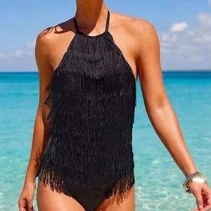 AVEC LES FILLES Blk Fringe Swimsuit 🌴🏖